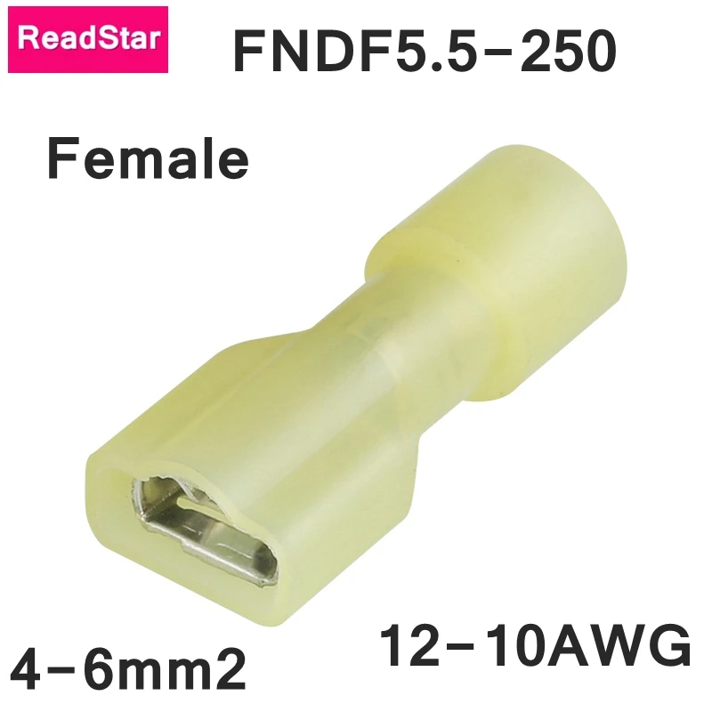 Readstar 500 шт./лот FDFN5.5-250 нейлон изоляцией разъем Женский 0.8 х 6.35 Терминалы желтый штекер Fit 4-6mm2 (12-10AWG) провода