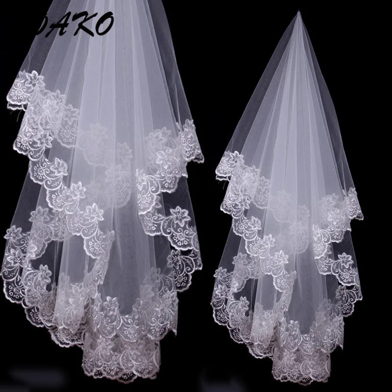 BOAKO 150cm Women Bridal Short Wedding Veils White Ivory One Layer Lace Flower Edge Appliques Bride Veil without Comb Velo Novia