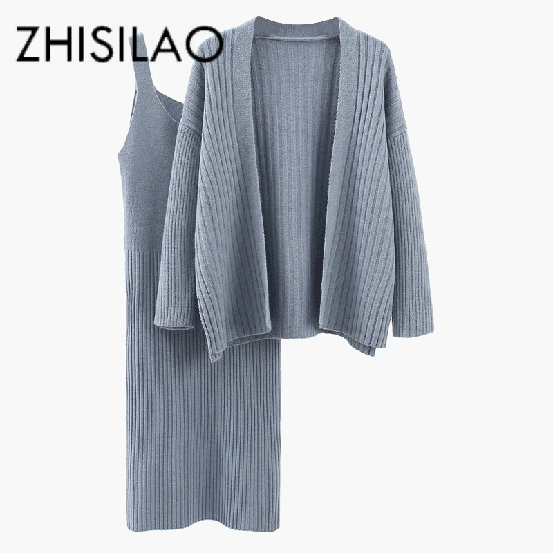 

Winter Sweater Suit Two Piece Set Maxi Women Knitted Sweater Cardigan + Long Sweater Dress Cashmere Knit Tracksuit Mujer 2019
