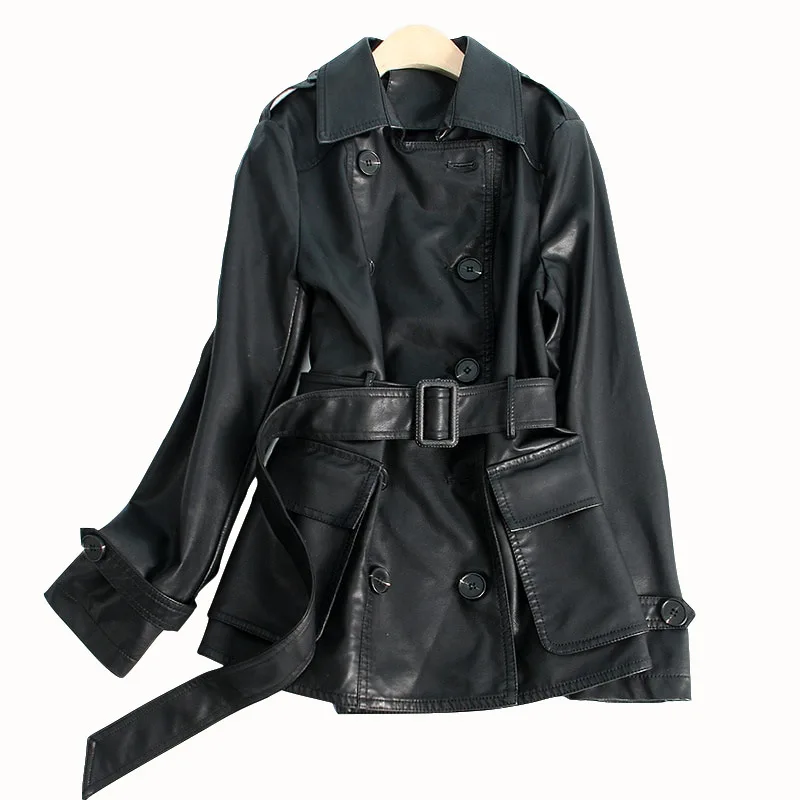 

2019 Spring elegant Classic Double Breasted Windbreakers Autumn PU Leather Outerwear Black Long Trench Coat For Women v766