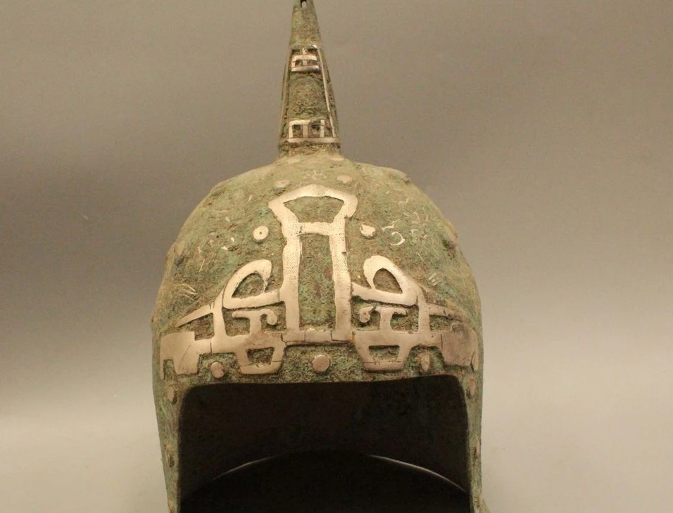 

14" Ancient Chinese Dynasty Palace Bronze Silver General helmet Cap Statue