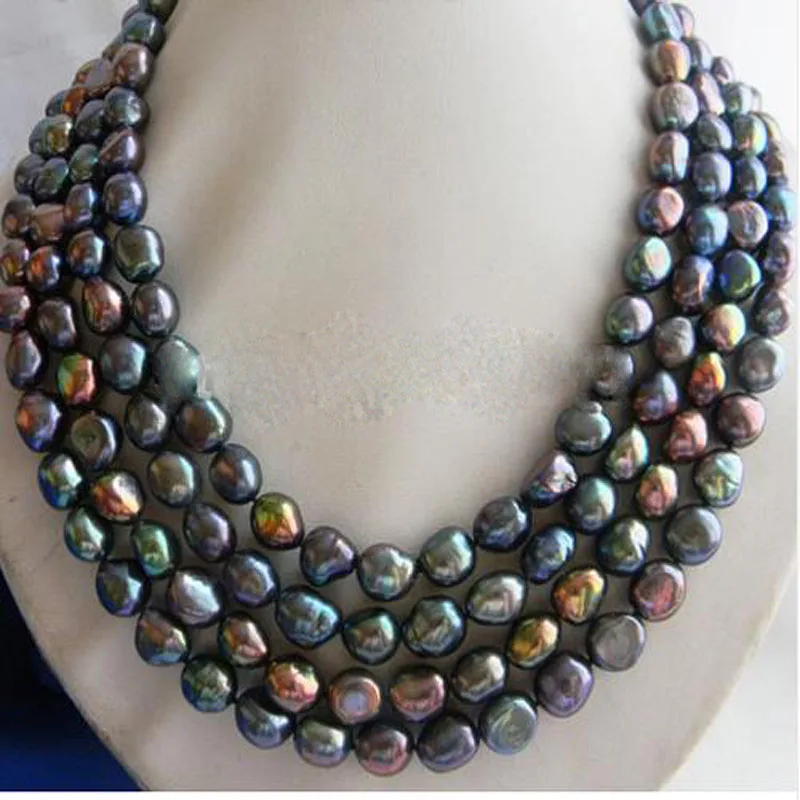 

2019 New women's 4Strands 18'' 10mm Black Freshwater Pearl Necklace' H1589