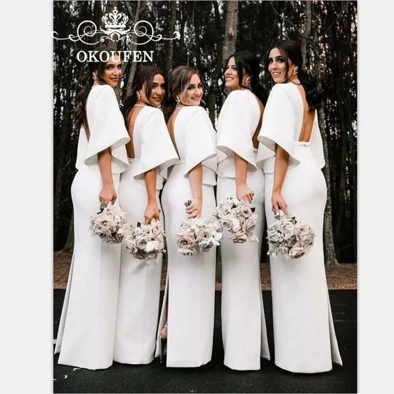 

Newest Long Bridesmaid Dresses With Half Sleeves White Satin 2019 Sexy Backless Back Split Party Dress Maid Of Honor For Women