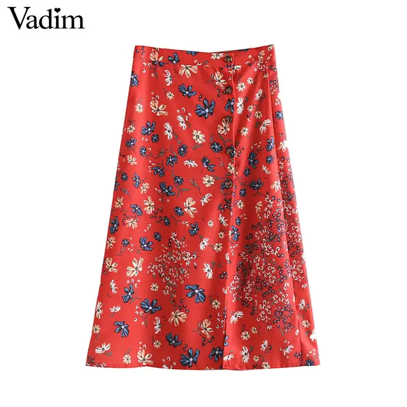 

Vadim women vintage floral print red midi skirt faldas mujer elegant split female casual A line mid calf skirts BA533