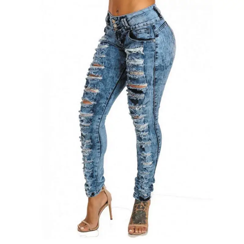 Дизайн отверстия модные ультра Эластичные Боковые потертые джинсы женские вымытые винтажные джинсовые брюки штаны джинсы для девушек - Цвет: Blue