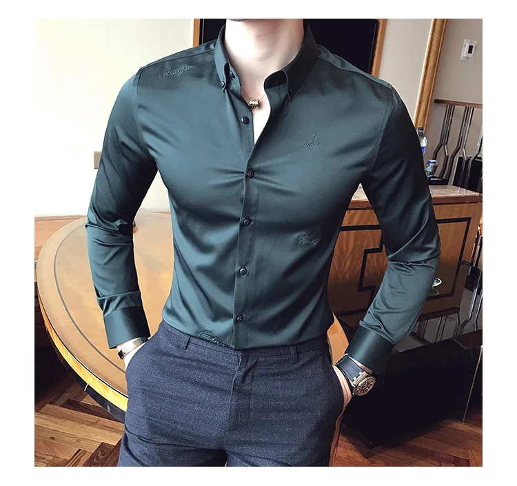 Высокое качество не гладить против морщин версия британских облегающих мужской Вышивка тонкий сплошной цвет с длинными рукавами рубашки