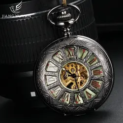 Светящийся циферблат Скелет Самовзводные карманные часы для Для мужчин и Для женщин Рим Стиль механические часы с 36 см цепи подарок