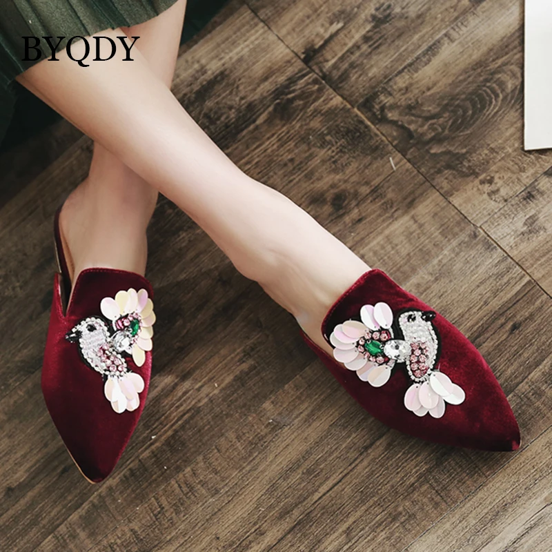 

BYQDY Sexy Crystal Women Mules Shoes Low Heels Fashion Flowers Ladies Casual Shoes Pumps Summer Pointed Toe Shoes Free Shipping