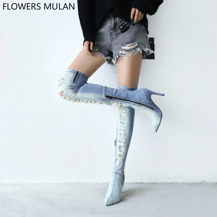 De Découpes Ciel Denim Pour Pointu Supérieure Bleu Mode Bottes Gladiateurs Rétro Talons Zapatos Bout Hauts Pu Clair Tissu Femmes Mujer Longues AcRL3q5j4