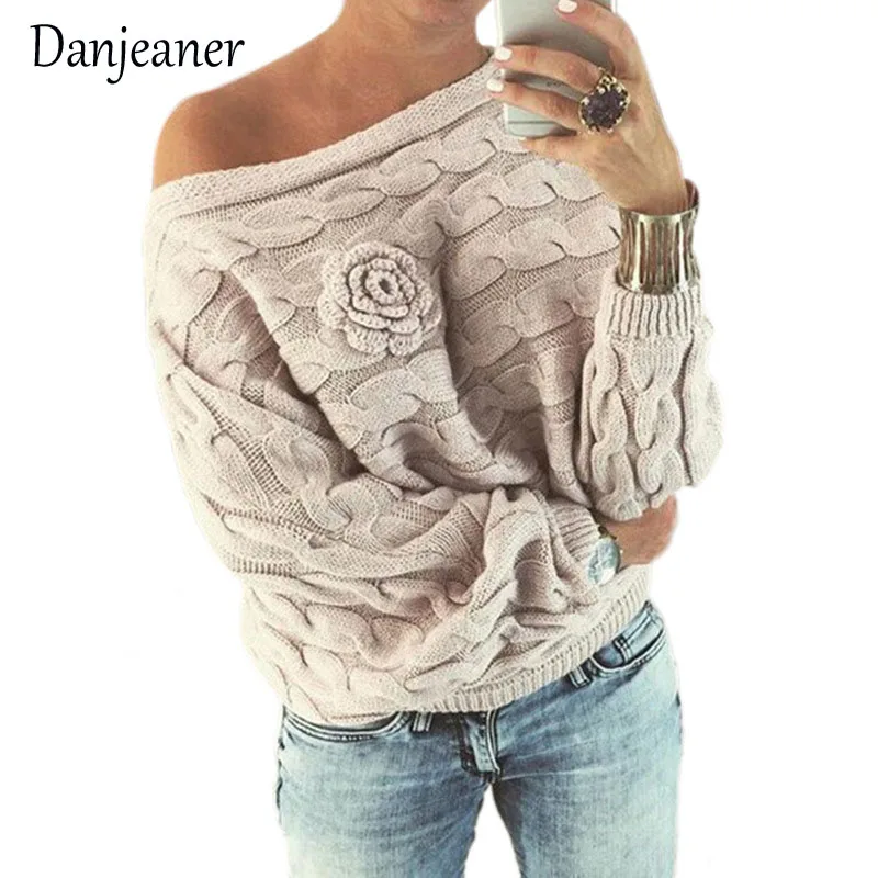 

Danjeaner Autumn Winter Sexy Slash Neck Pullovers Off Shouler Bat Sleeve Three-dimensional Floral Twist Sweater Knitted Jumper