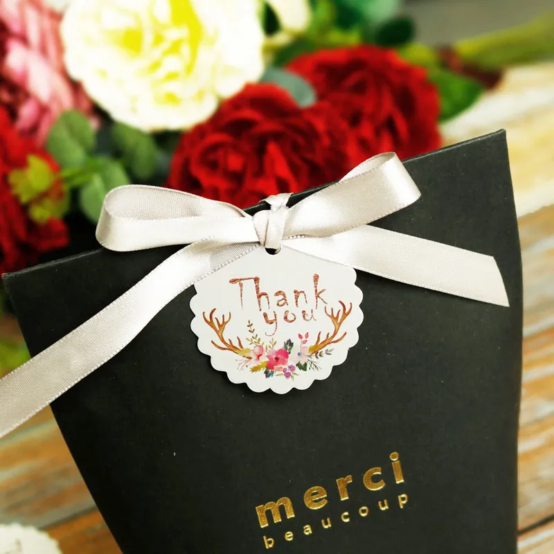 50 шт спасибо бумажные бирки для подарков цветок белая бумага висячие бирки Цветочные рога DIY бумажные этикетки Свадебные украшения на подарочную коробку