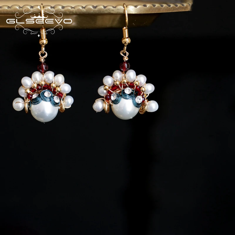 

GLSEEVO Natural Fresh Water Pearl Dangle Earrings Peking Opera Long Drop Head Shape Earrings For Women Unique Jewelry GE0795