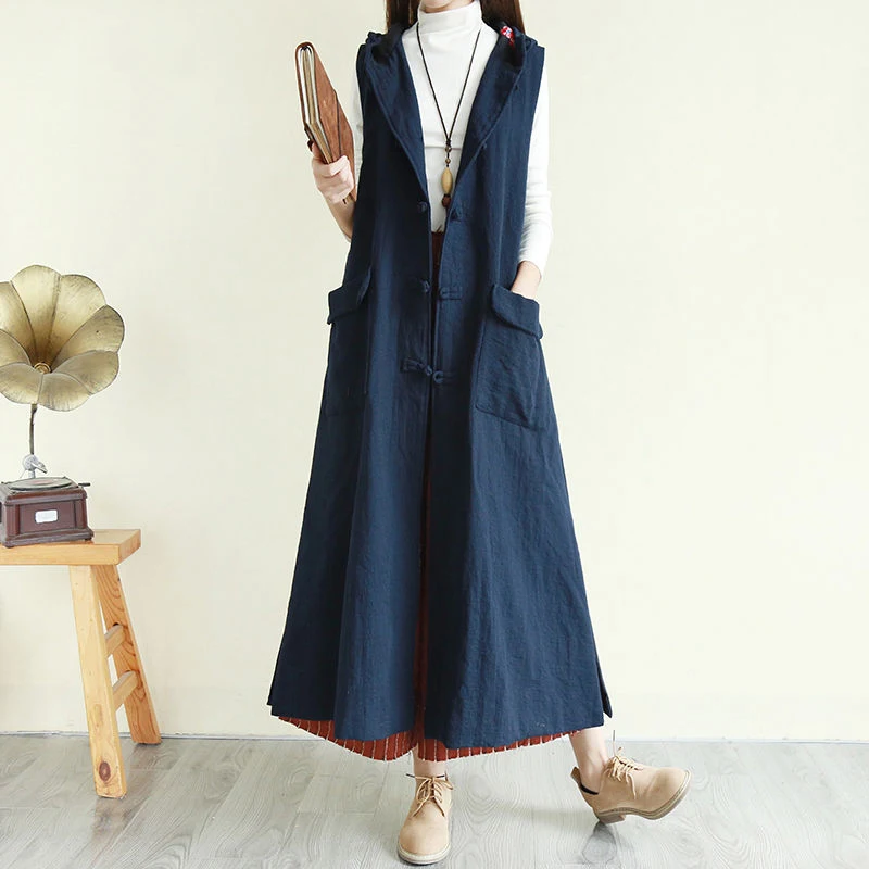 Billige Vintage Ethnische Hoodie Lange Weste Frauen Lose Große Tasche Handarbeit Art Plus größe Ärmellose Jacke Damen Colete