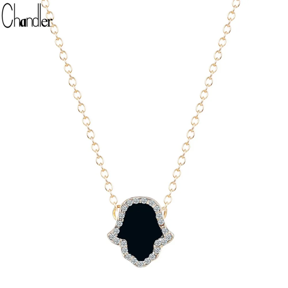 

Silver Plated Hamsa Hand Necklace & Pendant For Women Black Enamel Clear Crystal Colier Choker Link Chain Statement Jewelry