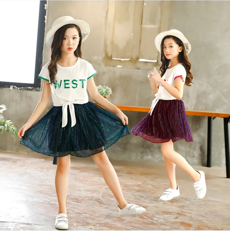 

Summer new 2019 girls clothes suit large children's short-sleeved T-shirt and skirts two-piece skirt 9530