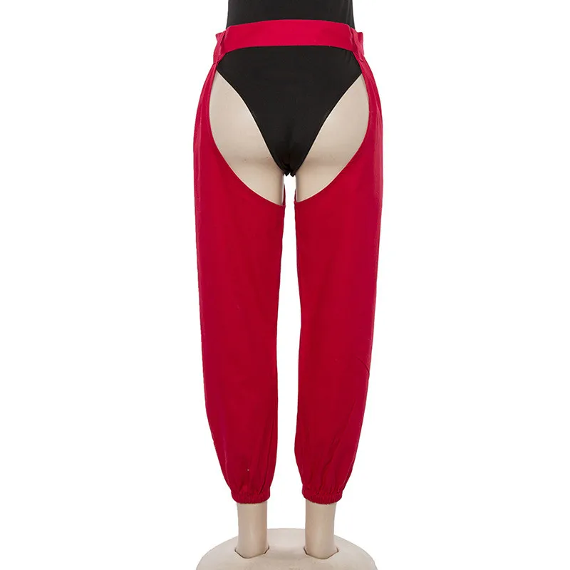 WKOUD женские красные брюки повседневные Клубные Открытые брюки-карго Брюки с высокой талией Pantalon Femme уличные сексуальные спортивные брюки P8490
