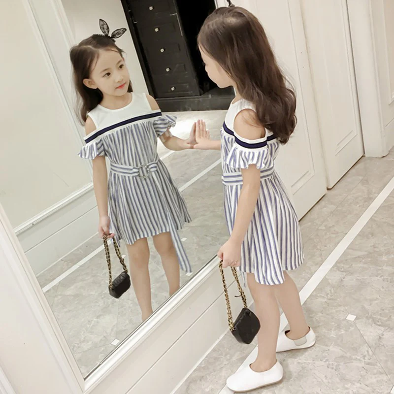 

Baby Girls Dress Kids Stripe Pattern Off-shoulder Dresses Casual Tutu Sundress Kids Dress for Girls Fashion Girls Clothing 3-15T