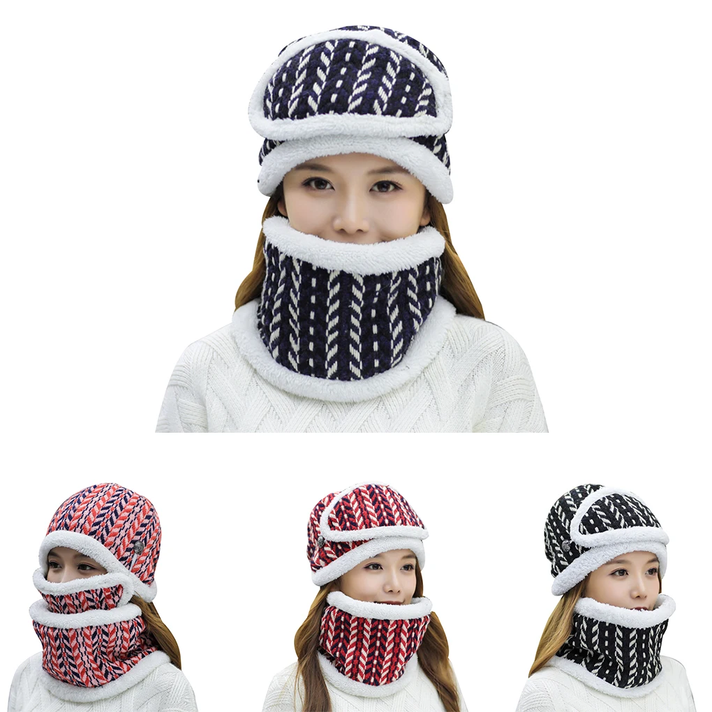 Комплект из 3 предметов для женщин зима осень Велоспорт утолщаются Beanie Теплый ветрозащитный шерстяная шапка вязаный