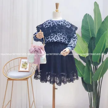 

Children's wear 2019 autumn new lace stitching Leopard print vests+lace skirt stitching mesh skirt