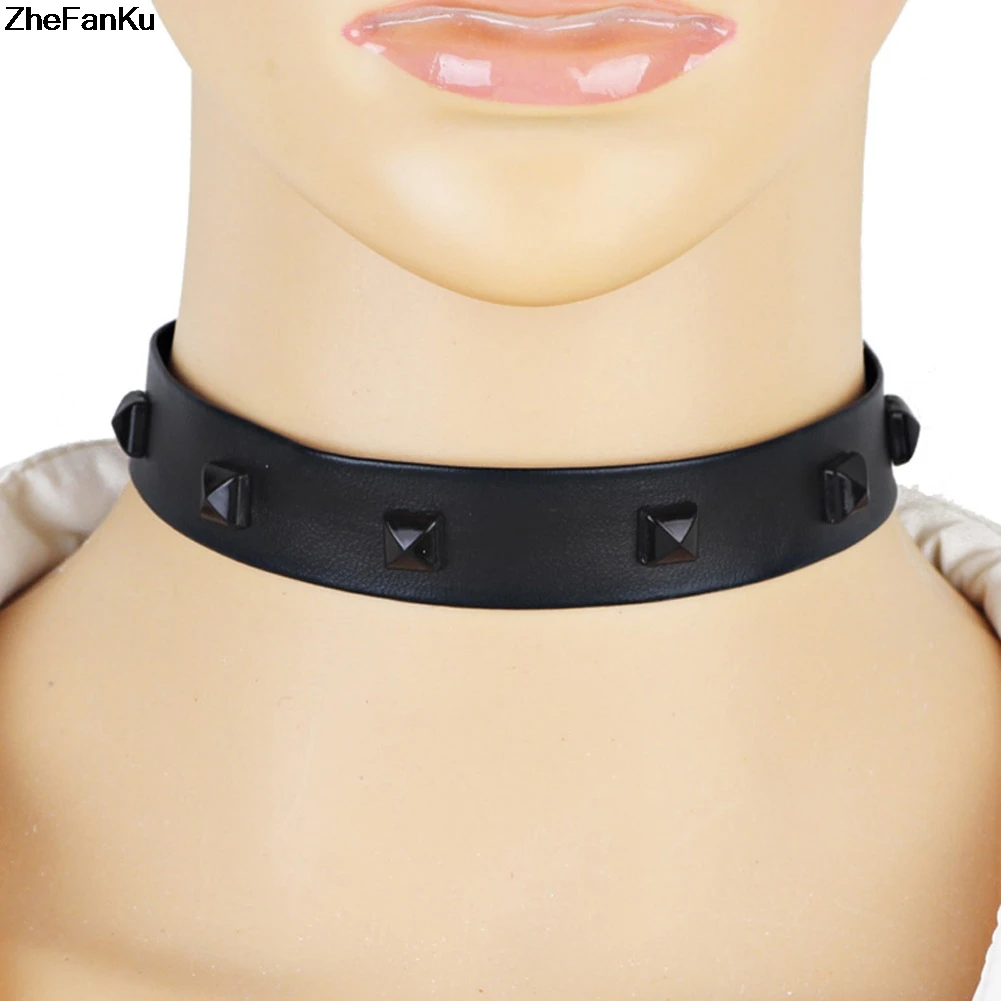 1pc vintage black pu leather choker necklace punk style leather rivet choker collar chocker