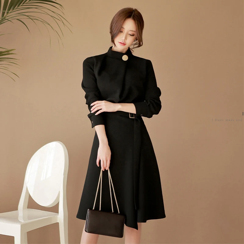 

Belted Dress Women 2018 Autumn Elegant Vantage Long-Sleeve Dresses Office Lady Dresses Vestido Clothing Robe