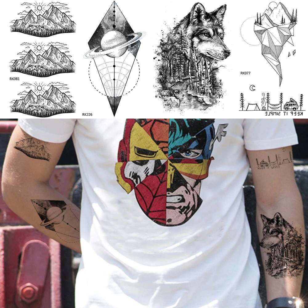 タフな男の入れ墨のステッカー オオカミ 月 幾何学模様 防水 キャンプ 黒 Temporary Tattoos Aliexpress