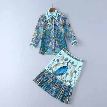 

Women 2 piece sets womens outfits 2 Pieces Sets Long Sleeve Blouse High Waist Pleated Skirt peacock printed High Quality Suits