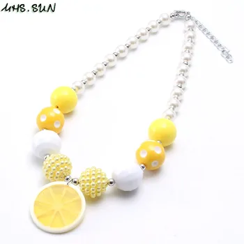 MHS.SUN 1pc new arrival red/yellow lemon slice pendant necklace chunky baby bubblegum beaded necklace for girls kids jewelry