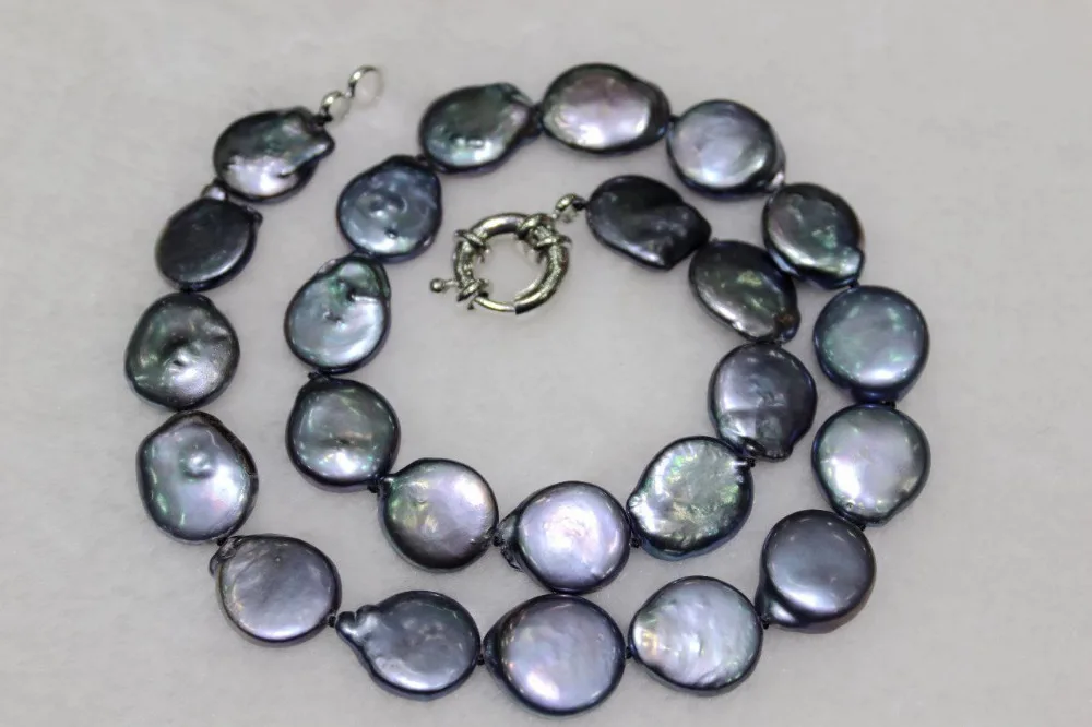 

FREE shipping>>>>>>Coin shape freshwater pearl necklace black 13-14mm 17INCH new