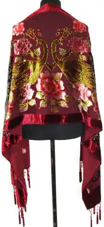 Novelty Hot Pink Female Silk Satin Velvet Cape Embroidery Beaded Pashmina Stole Chinese Style Peacock Muffler 175 x 54cm C020 4