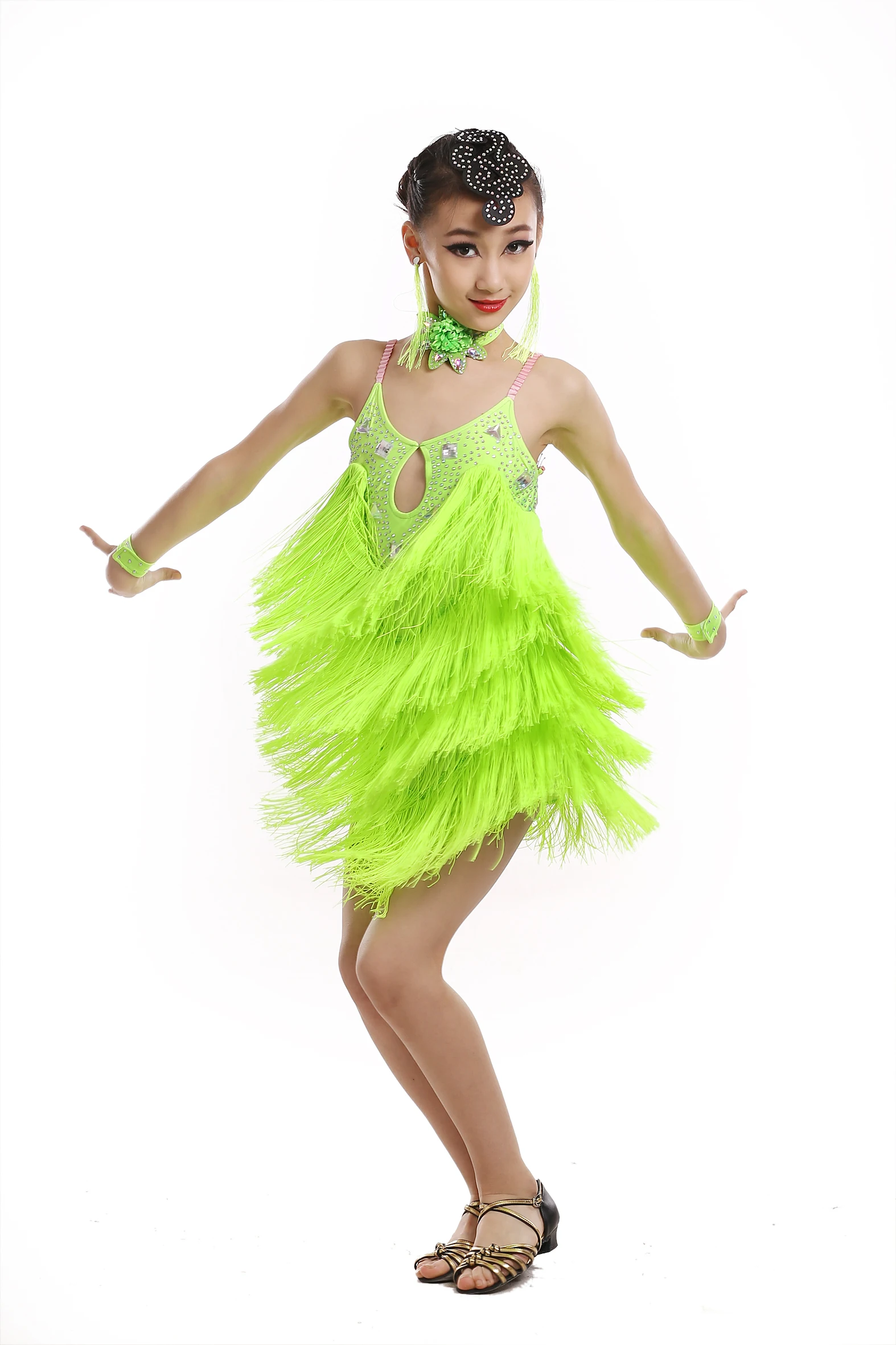 Многоцветный Девушка Костюмы для латиноамериканских танцев платье для танцев для производительности детей Костюмы для бальных танцев платье для танцев Дети кисточкой Современный Вальс/Танго/ча-ча костюмы - Цвет: fluorescent green