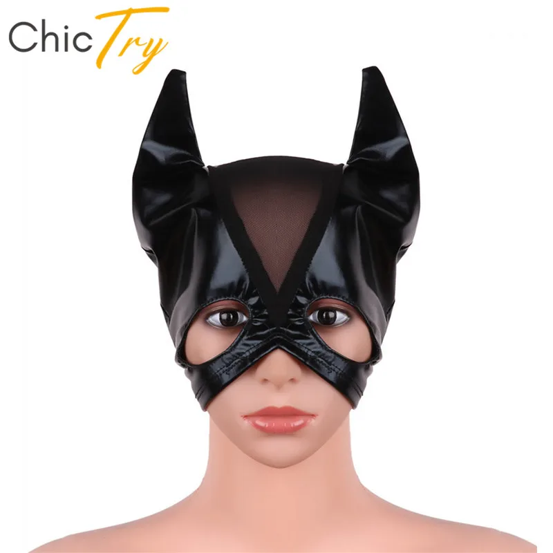 

ChicTry Black Handwork Patent Leather Open Eye Mask Headgear Adult Women Halloween Masquerade Anime Cosplay Costume Accessories