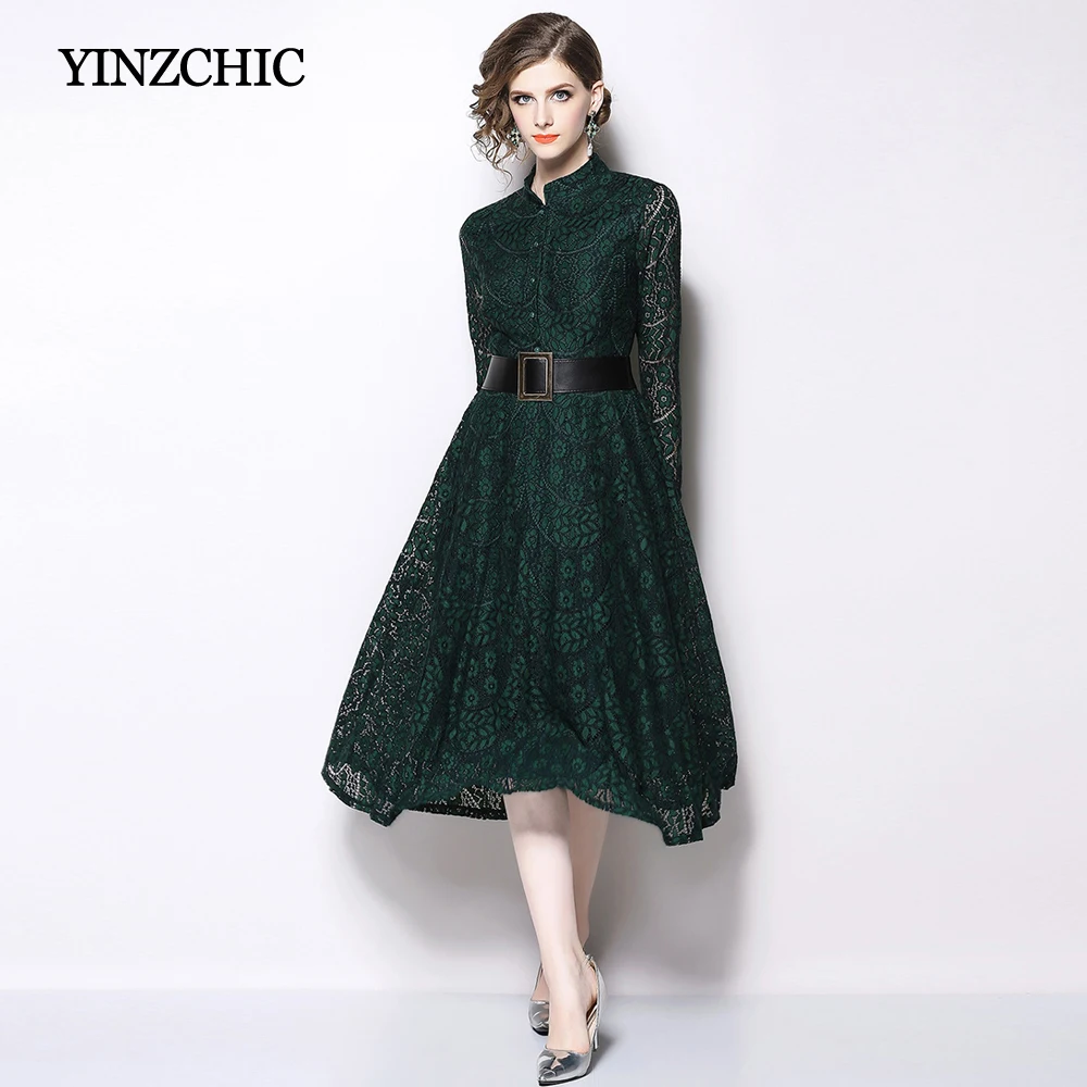

New Fall Womans Lace Dresses Stand Collar Female A-Line Midi Dresses Party Solid Green Coffee Hollow-Out Laces Dress Woman 2018