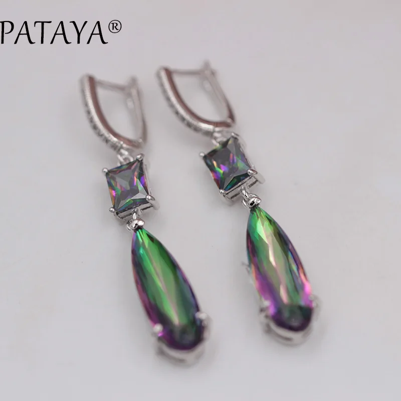 

PATAYA RU Hot True White Gold Dangle Earrings AB Multicolor Water Drop AAA Natural Zircon Long Earrings Women Romantic Jewelry