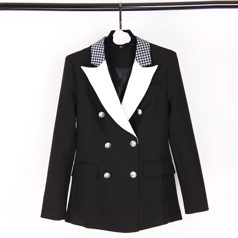 

S-3XL high quality 2019 new fashion black and white stitching silver button pocket Slim commuter woman blazers