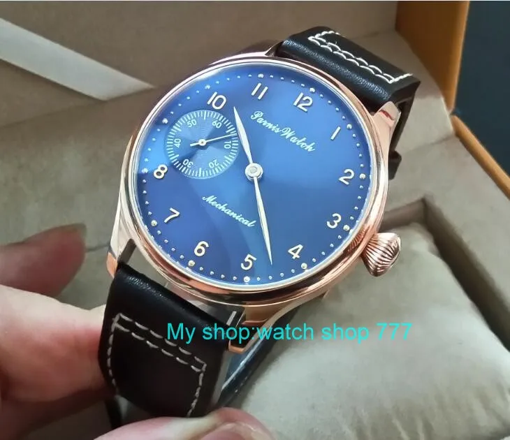 

44mm PARNIS blue dial 17 jewels Asian 6497/3600 Mechanical Hand Wind movement men's watch Rose gold case Mechanical watch 326A
