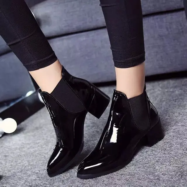 New Arrival Fashion Shoes Women Boots Elasticated Patent Leather Ankle Boots Pointed Low Heel Boots Female Sexy Shoes