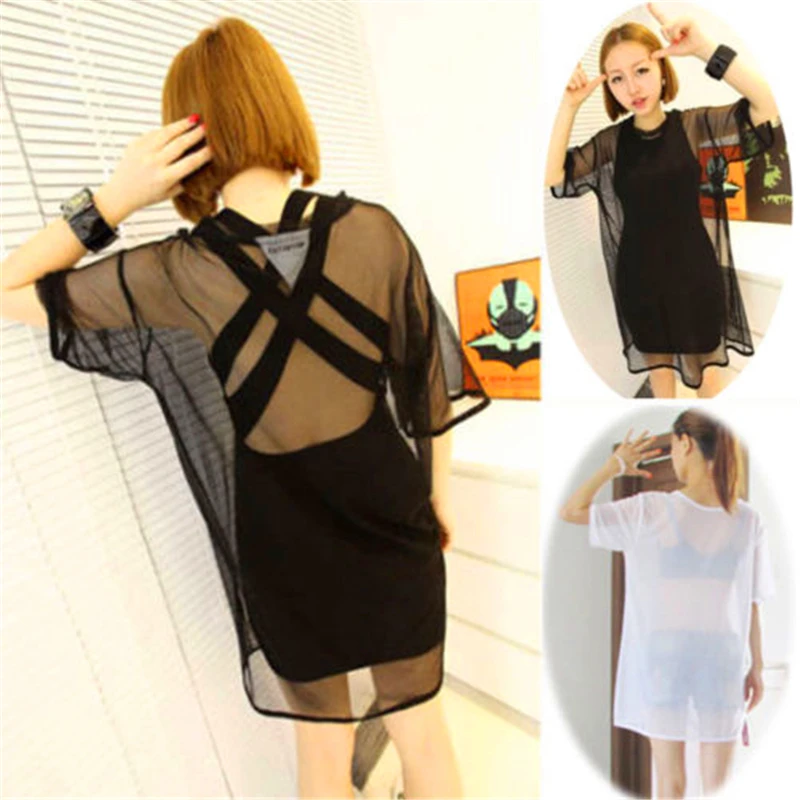 

Hirigin 2019 summer new woman's clothes lightweight thin T-shirt round neck tulle hollow casual top