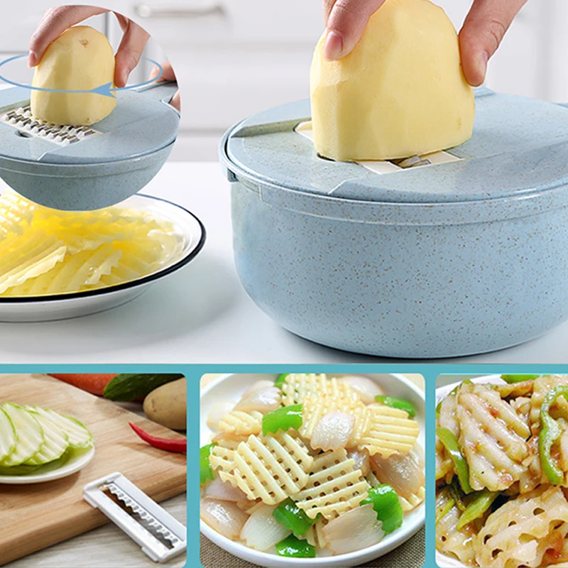 9 pcs /Set Kitchen Cutter Fruit Vegetable Slicer Potato Carrot Grater Garlic Chopper Mandoline Cutter with Noodle Drain Basket