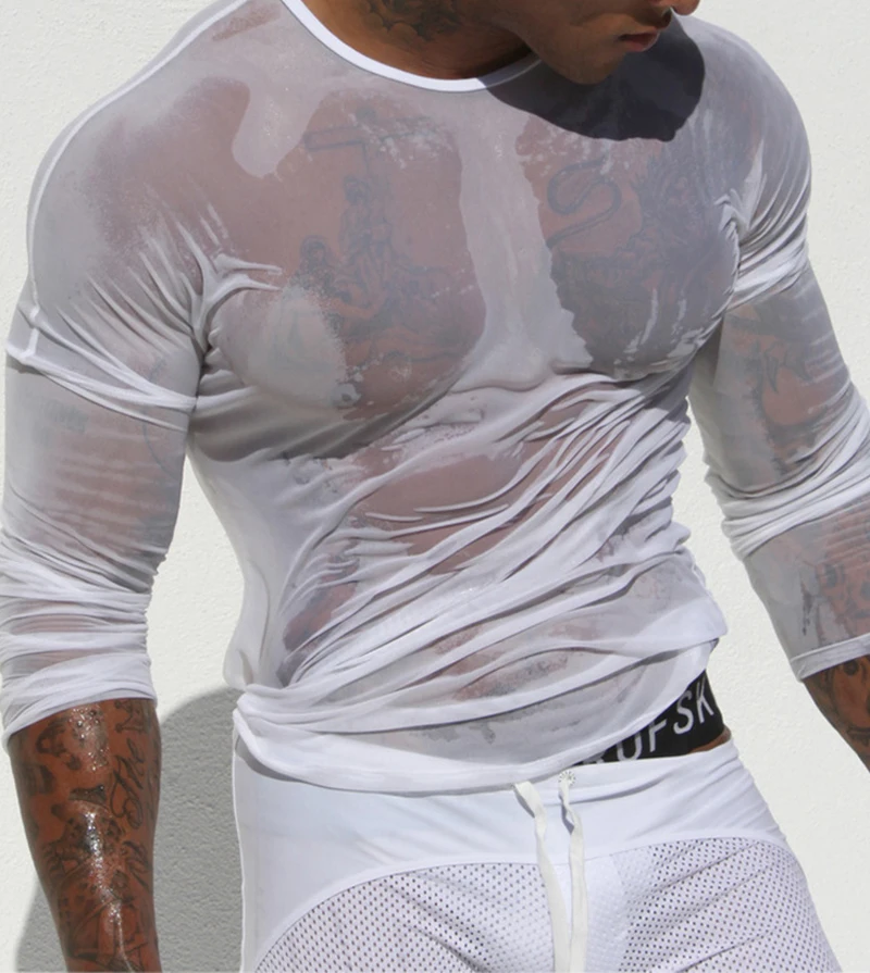 

Unique T-shirt Men Sexy Transparent Long Sleeve Tees Tops T Shirt Undershirt See Through Fitness Slim Casual Solid Black/White