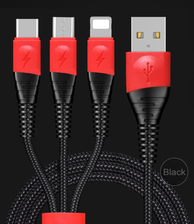 Двойной цвет черный+ красный 3 в 1 USB кабель для Iphone Micro usb type C 2.4A провод для iPhone X Xiaomi samsung S9 провод для быстрой зарядки