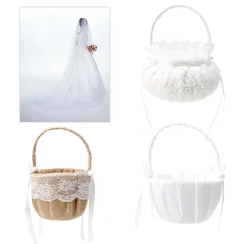 

Romantic Bowknot Burlap Satin Wedding Ceremony Party Rose Flower Girl Basket