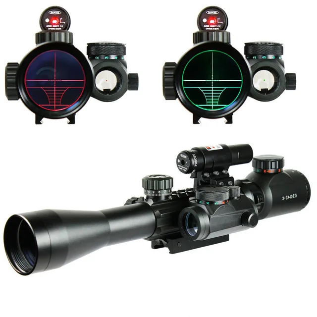 C 3-9X40 EG Illuminated Hunting Tactical Riflescope with Red Laser Sight & Holographic Dot Combo Airsoft Gun Rifle Weapon Scope