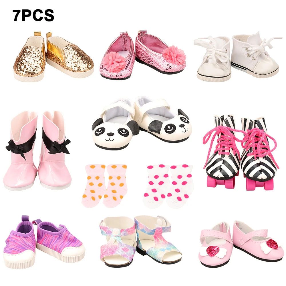 

American Girl Doll Shes 7 Items/Set=2 Socks+1 Panda Shoes+1 Skate+3 Random Pick Shoes For 18'' Our Generation Doll Accessories