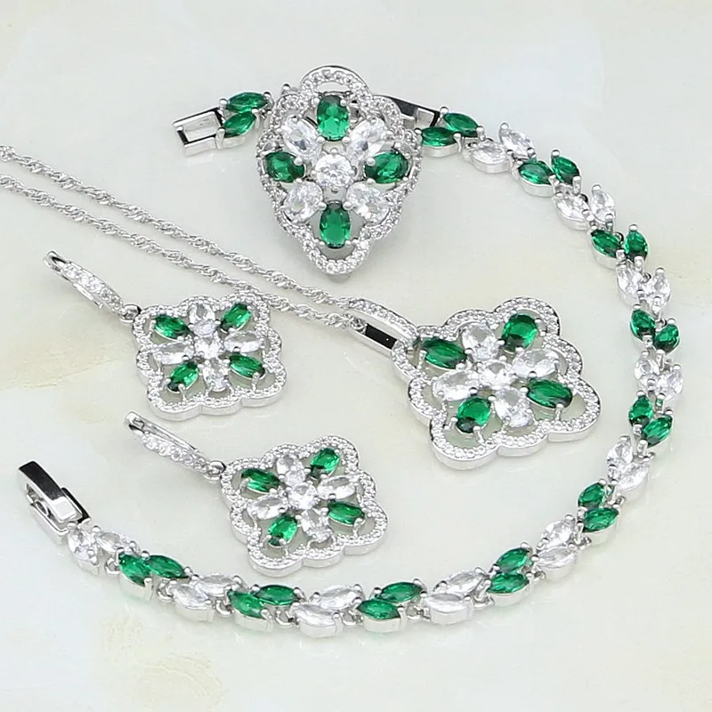 925 Sterling Silver Jewelry Green White Australian Crystal Jewelry Sets