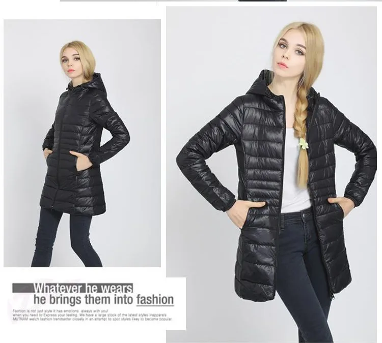 Украина новая распродажа застежка-молния 90% евро-звезды тонкий Стиль зимнее пальто Для женщин, тонкое, с подкладкой, с капюшоном, Парка на пуху длинная куртка, элегантная верхняя одежда