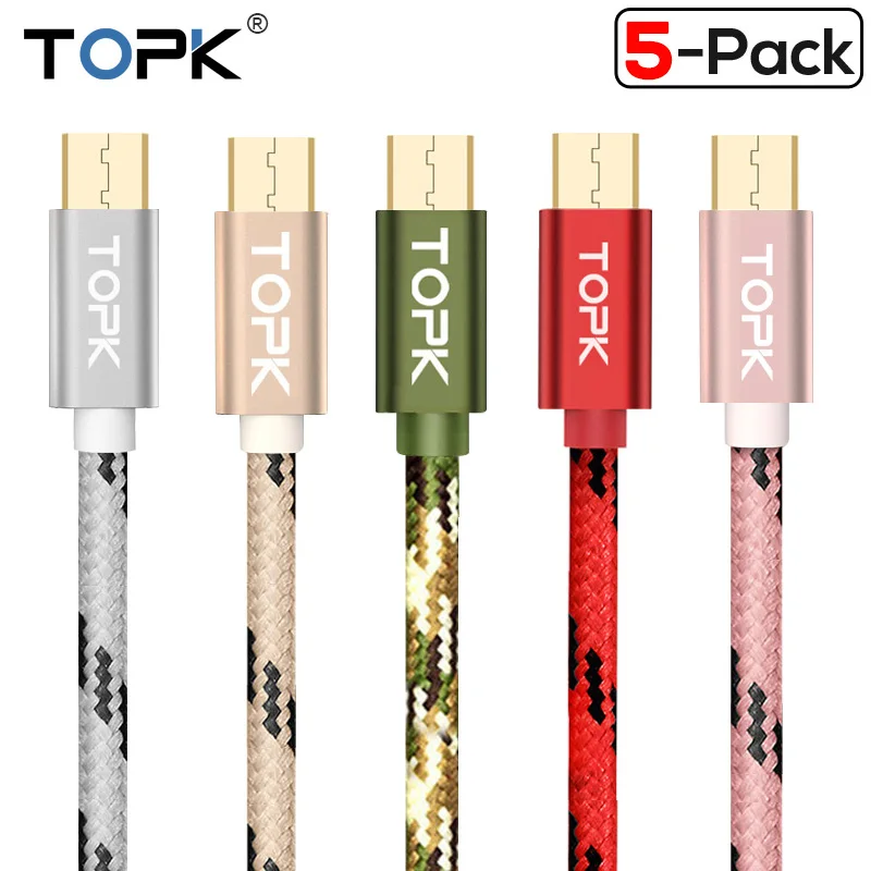 TOPK 5 Pack Micro USB Cable Ultra Durable & Data Cable Nylon Braided Mobile Phone USB Charger Cable For Samsung HTC Huawei