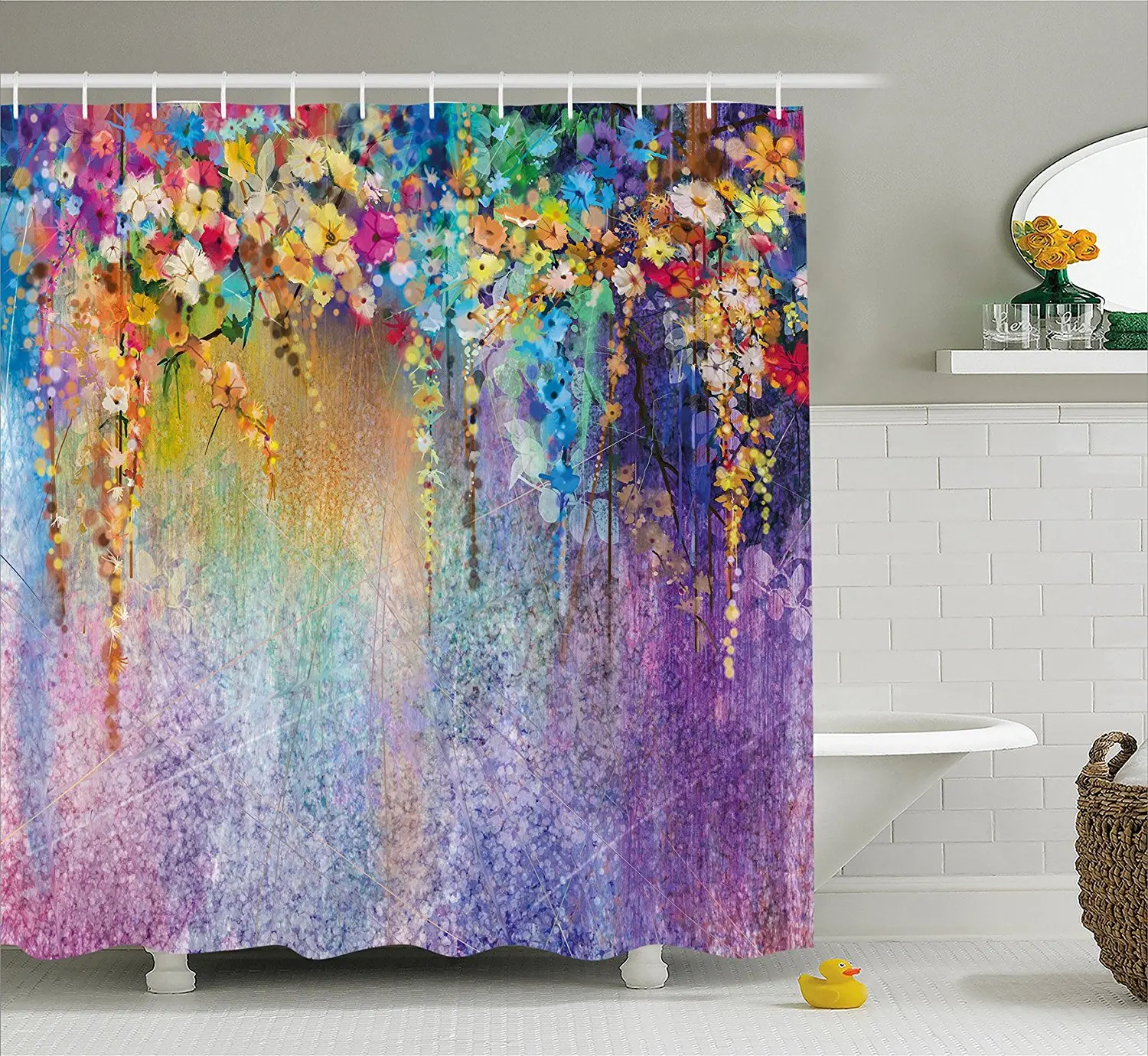 Watercolor Flower Home Decor Shower Curtain Abstract Herbs Weeds Blossoms Ivy Back with Florets Shrubs Design | Дом и сад