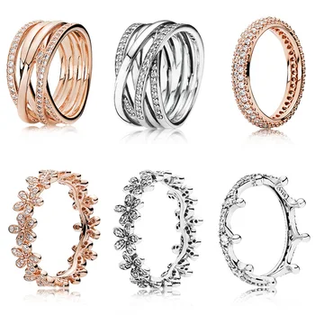 

9 Style Rouse Gold Color Diy Round Full Crystal Ring Snowflake Surround Flower Diy 925 Sterling Silver Ring For Women Jewelry