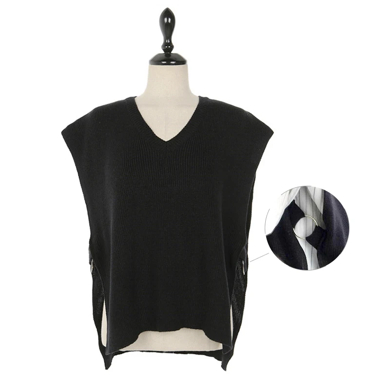 

2019 Spring Hot Women V-neck Knit Vest Wool Fashion Waistcoat Female Sweater Women's Sleeveless Side Split Both Sides Ring